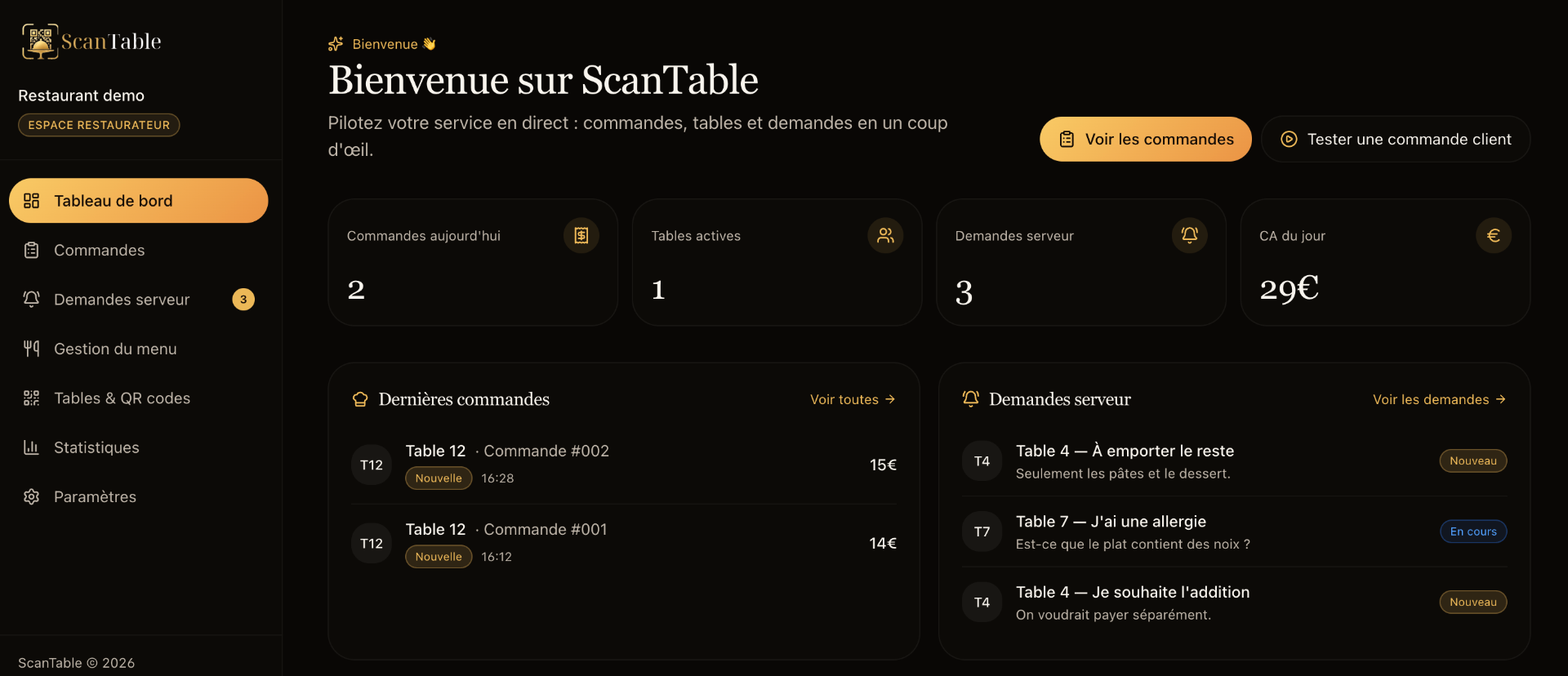 Aperçu de l'espace restaurateur ScanTable