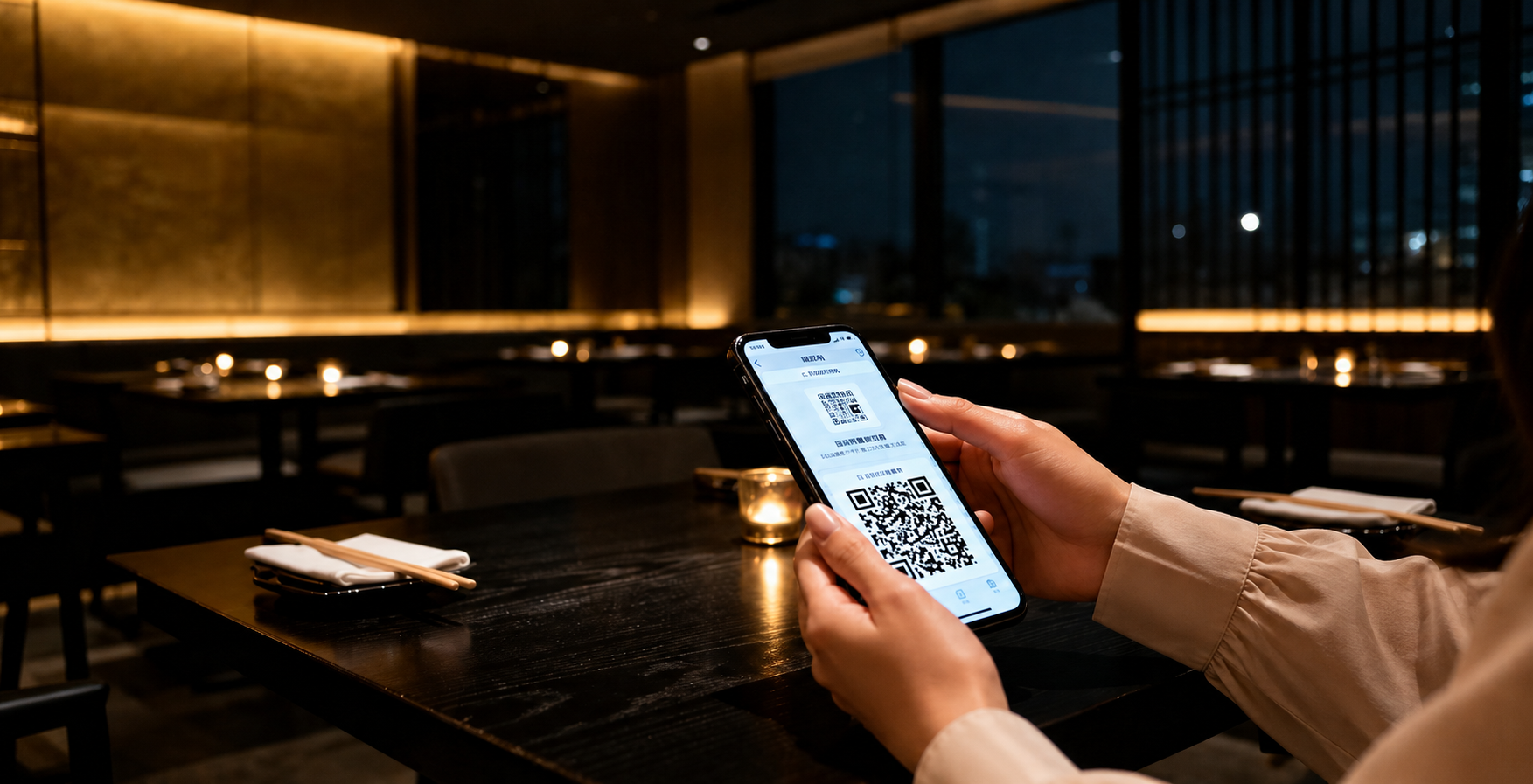 Client scannant un QR code dans un restaurant premium